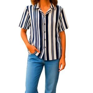 Women's XL Blue White Stripe Top Shirt Blouse Button Down Miss Size16 18